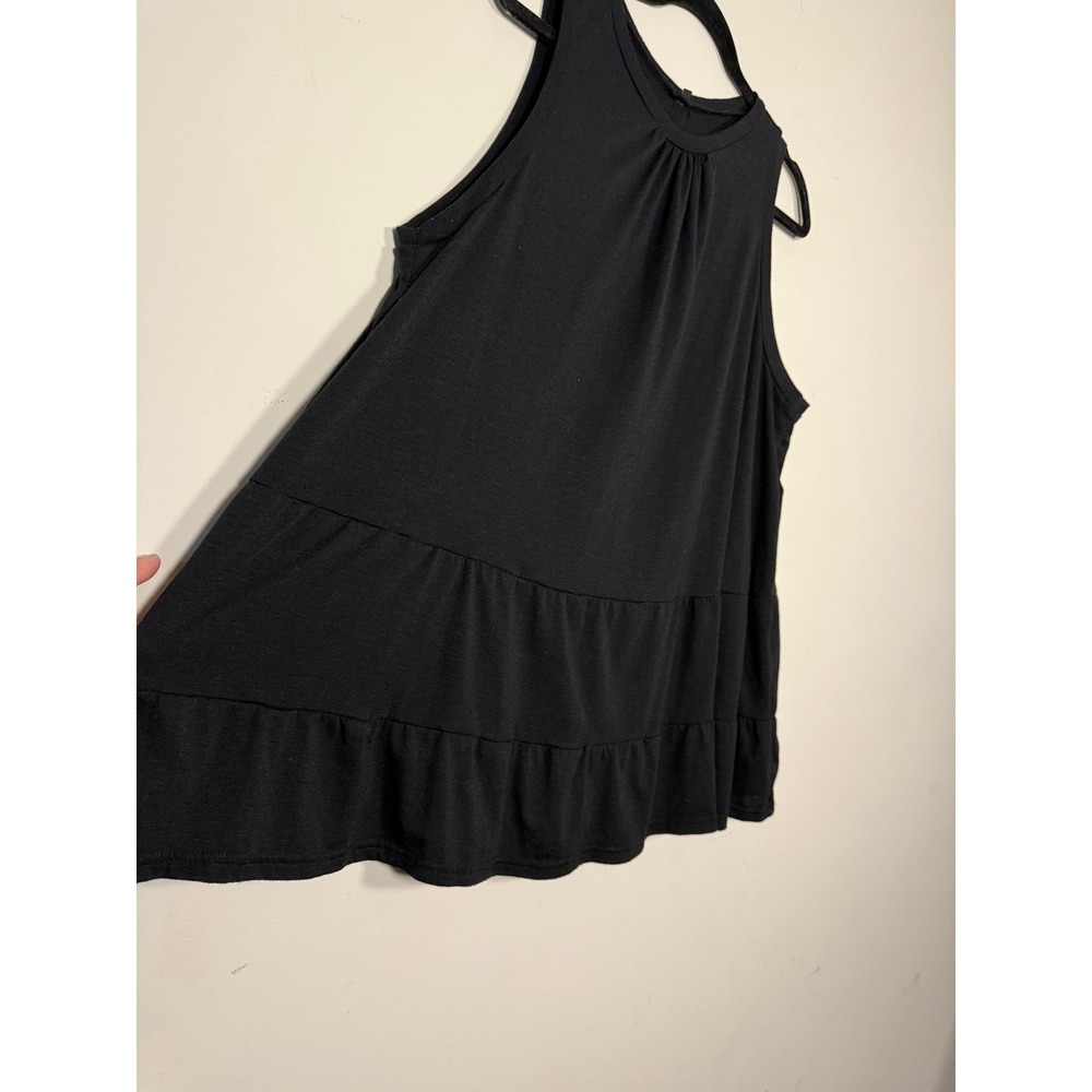 Womens Black Tiered Babydoll Tank Top Sleeveless Keyhole Back Slub Knit - Picture 4 of 14